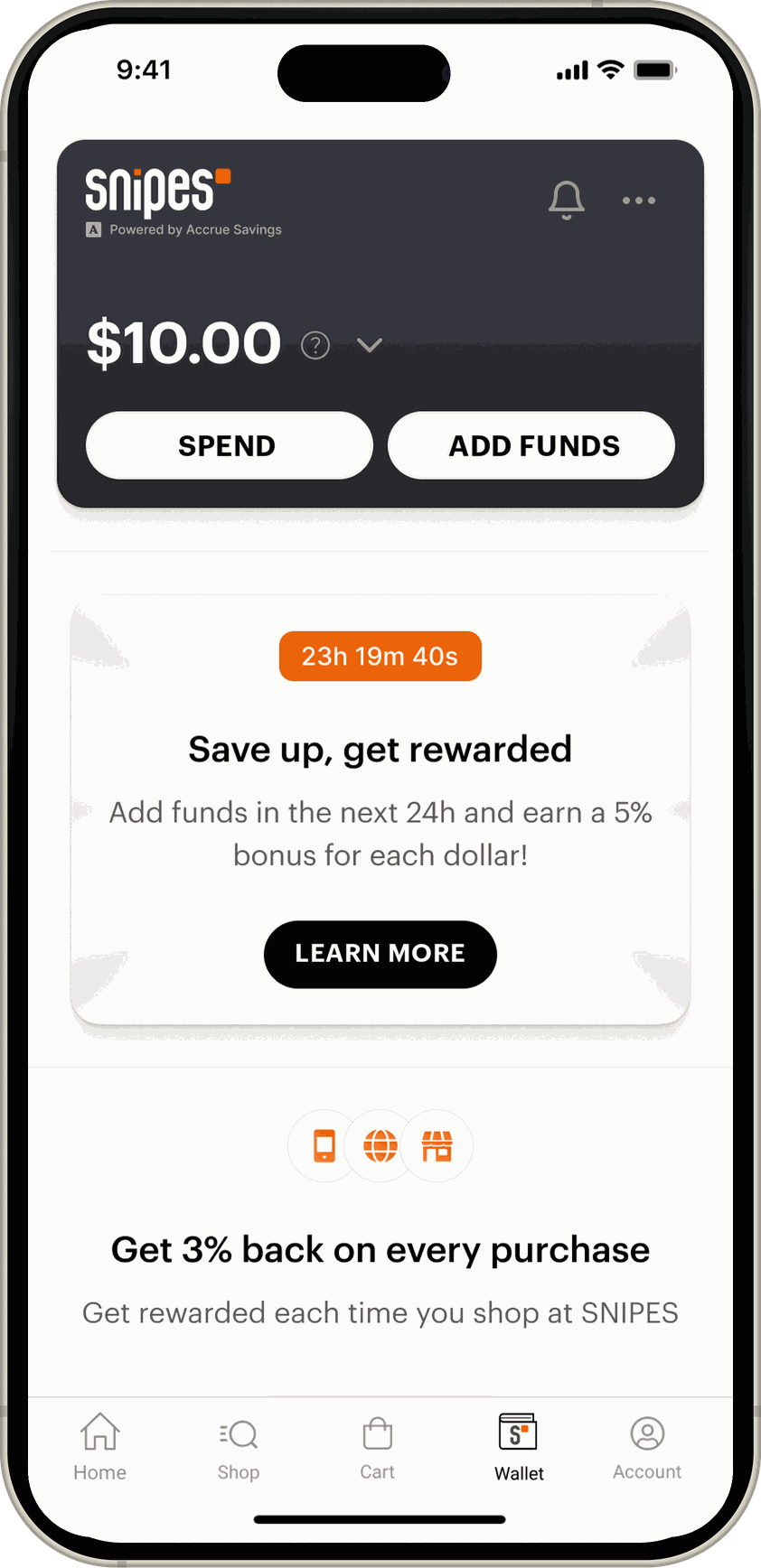 The wallet home offering 5% on deposits and 3% on purchases, then the reward sheet repeating both rates