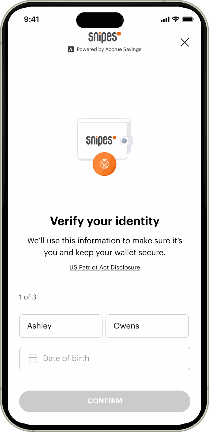 The verify your identity screen, its US Patriot Act disclosure, and the address step behind it