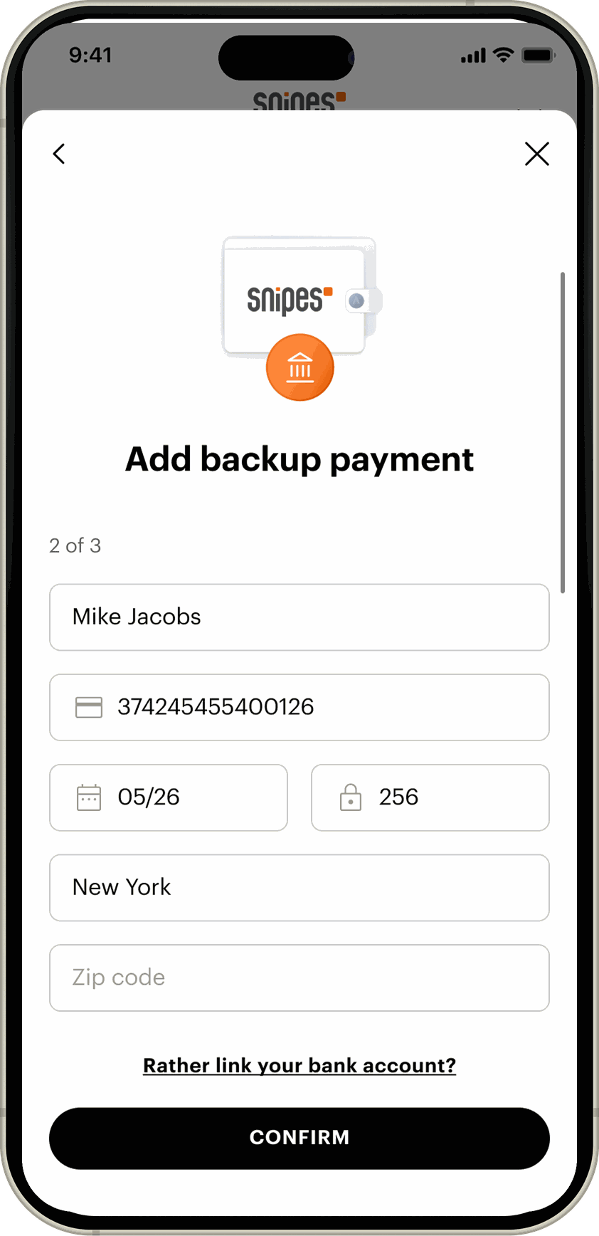 The add backup payment step, asking for a card number, expiry and CVV