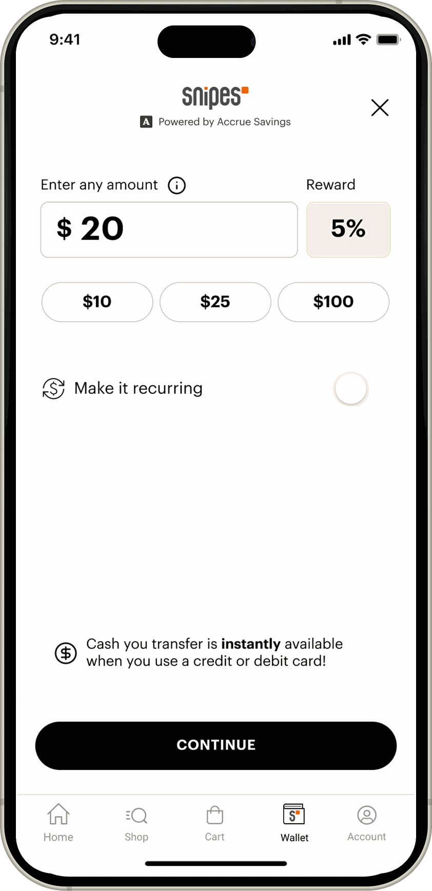 Entering an amount, two explainer cards, then payment details offering only a typed card or a bank link