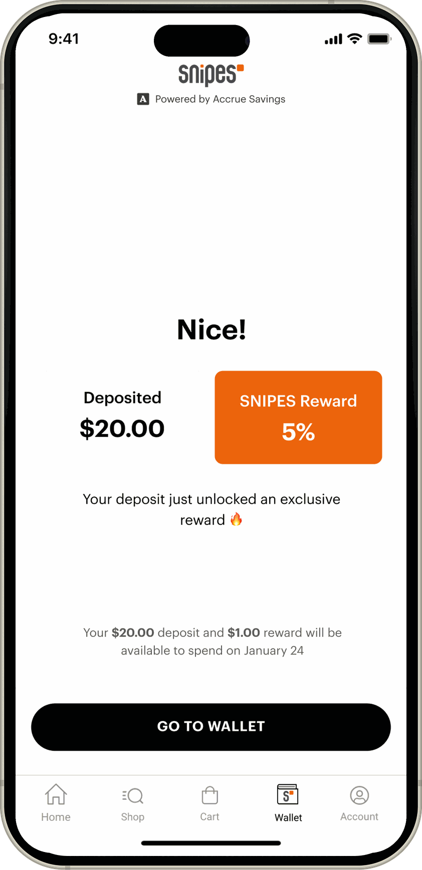 The deposit confirmation, a large 5% card beside the deposit and the dollar amount set small below